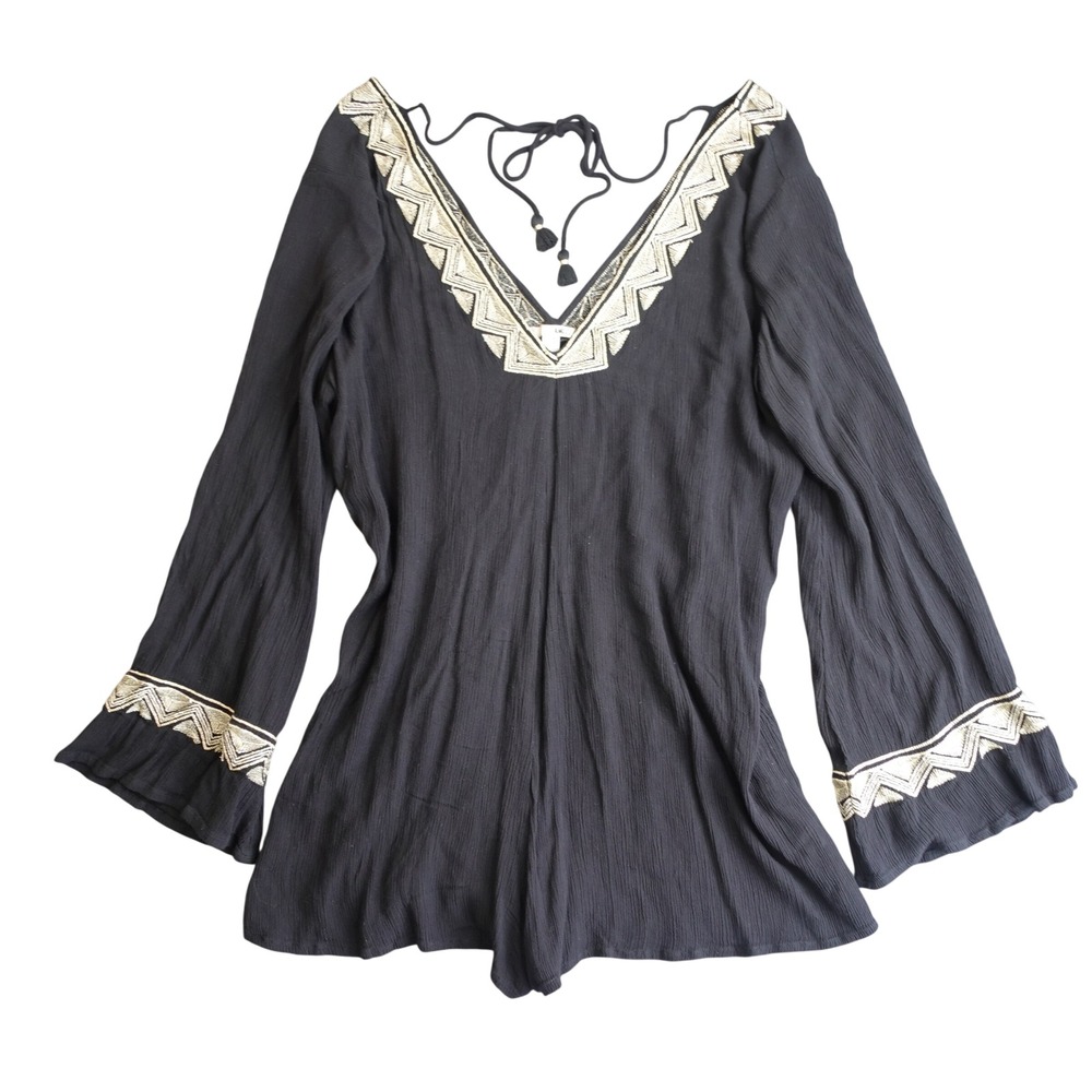 Amuse Society Romper Womens M Black Gold Embroidered Bell Sleeve Boho Festival